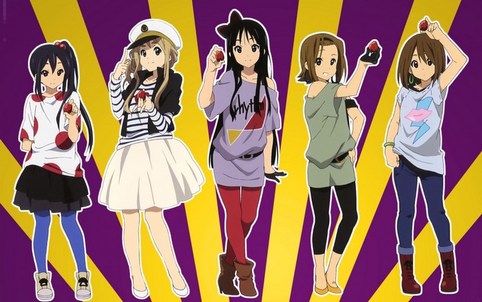 Five anime girls from K-On! holding strawberries