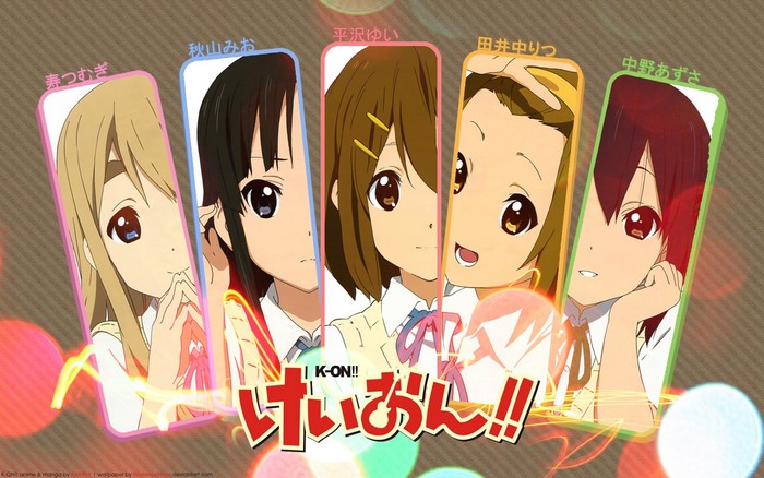K-ON!! characters: Kotobuki Tsumugi, Akiyama Mio, Hirasawa Yui, Tainaka Ritsu, Nakano Azusa