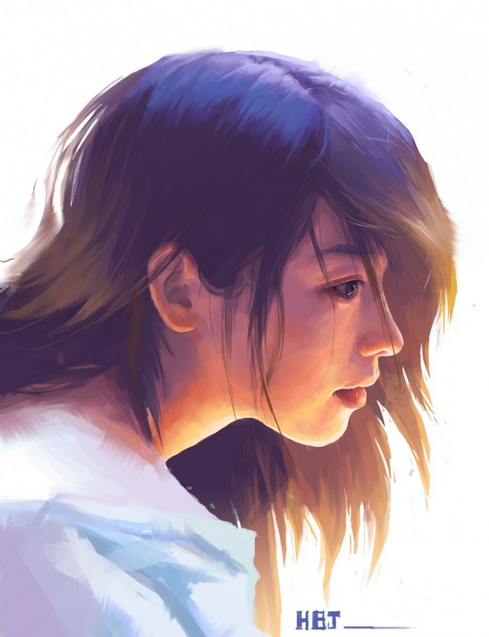 Illustration of a woman with black hair looking down
