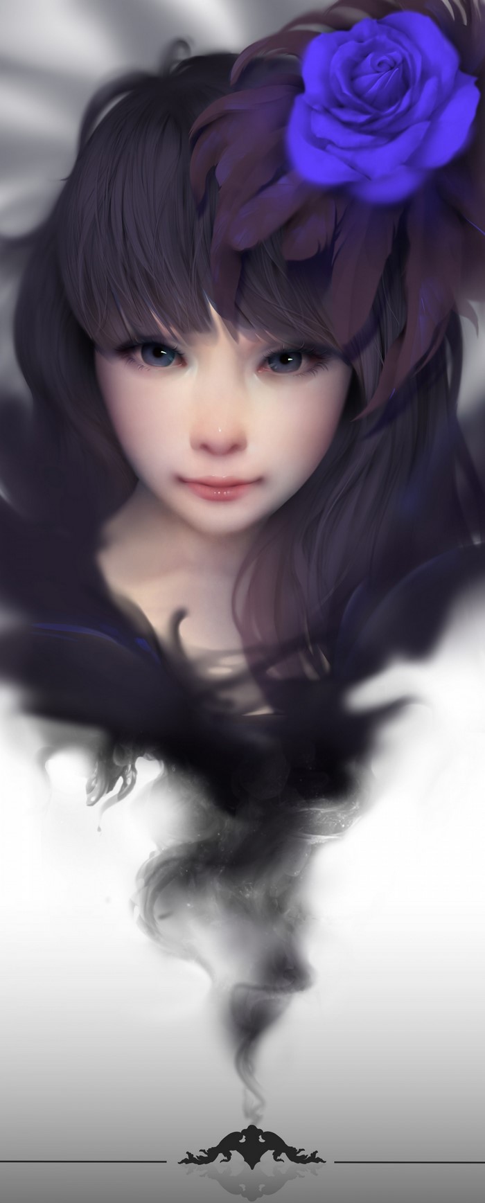 Illustration of a woman with black hair and a blue rose