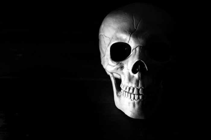 Monochrome close-up of a human skull in darkness