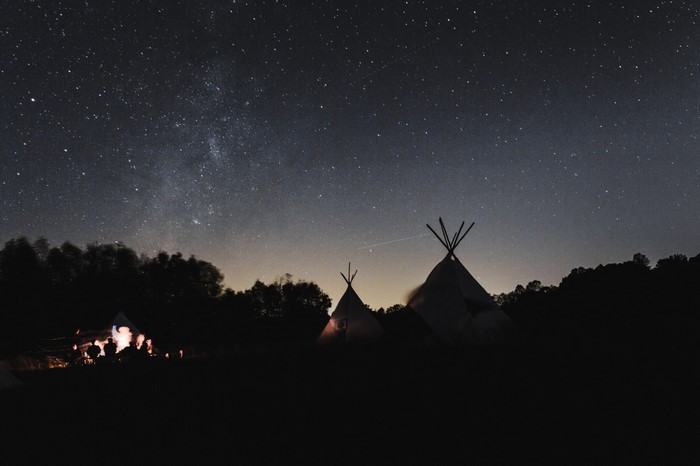 Tipi camp under a starry night sky