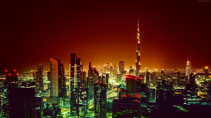 Dubai Cityscape at Night with Burj Khalifa 4K