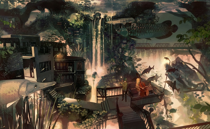 Fish and Musicians by Waterfall in 4K