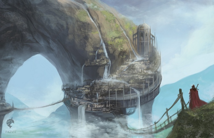 Fantasy Arch City with Waterfalls and Warrior
