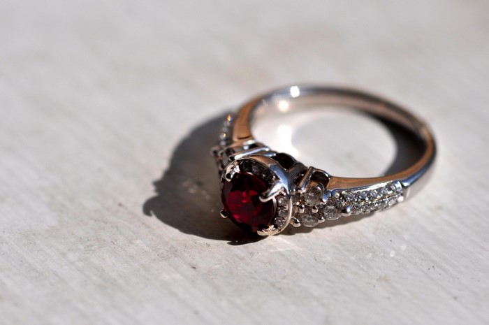Close-up of a ruby and diamond ring