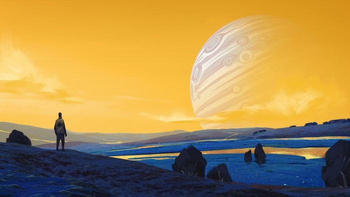 Person looking at a giant planet in an alien landscape