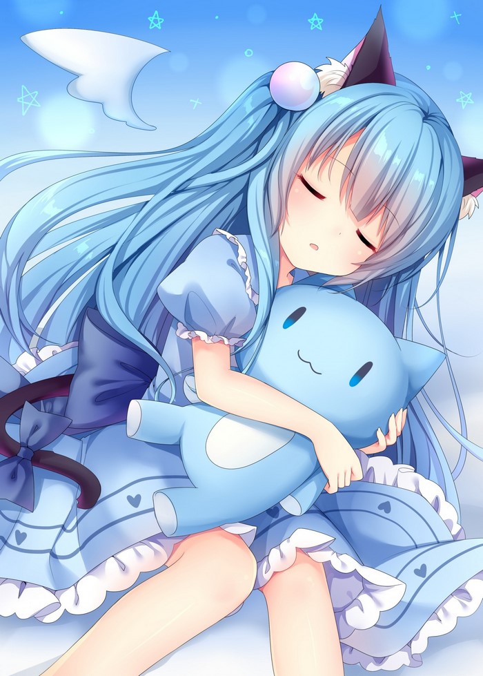 Sleeping Nekomimi Girl Hugging Blue Plush