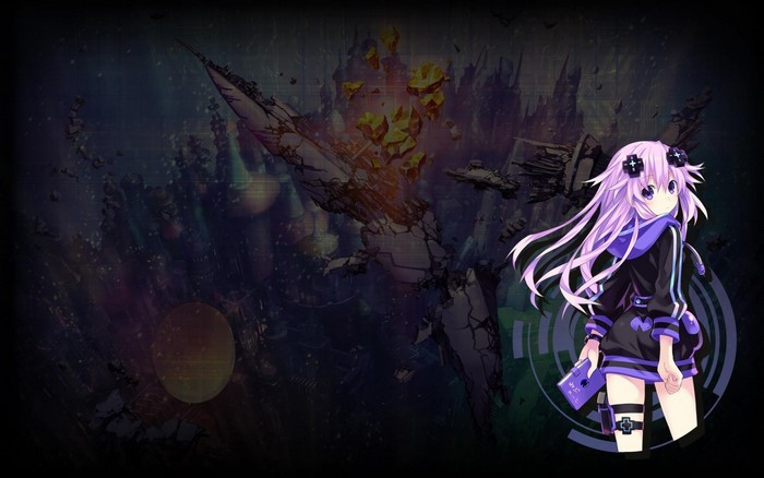 Purple Heart from Hyperdimension Neptunia in a dark, futuristic setting