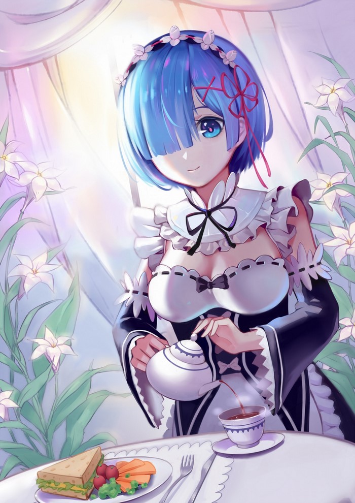 Rem from Re:Zero pouring tea with a meal