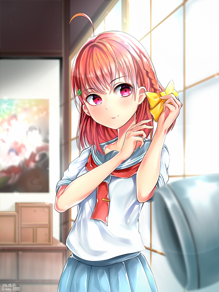 Anime girl with pink hair and pink eyes in school uniform