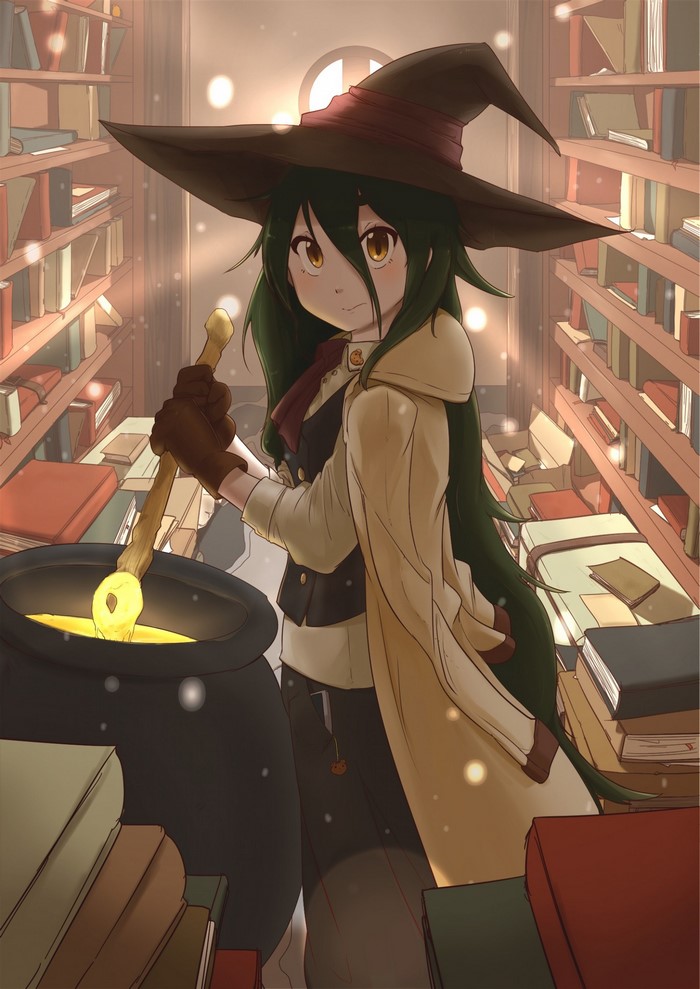 Anime witch with green hair stirring a cauldron in a library