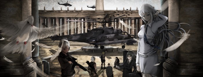 Anime girls with helicopters and doves