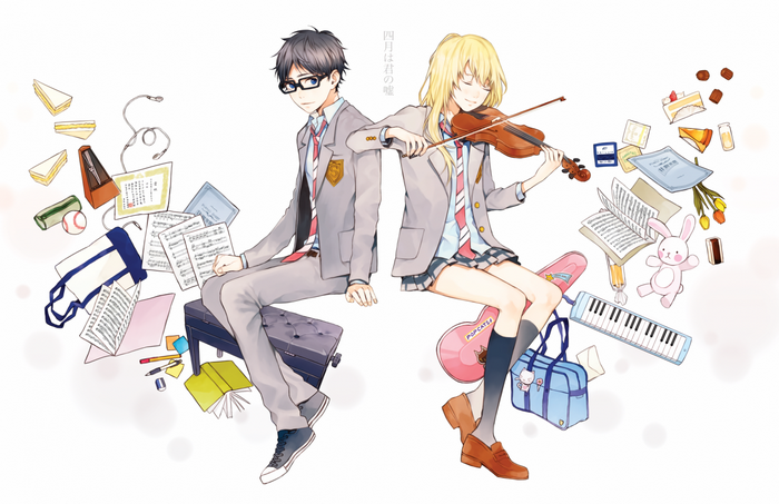 Shigatsu wa Kimi no Uso: Kaori and Kousei with musical instruments and school items
