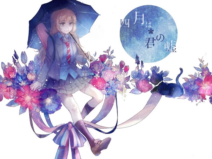Miyazono Kaori from Shigatsu wa Kimi no Uso with flowers and umbrella