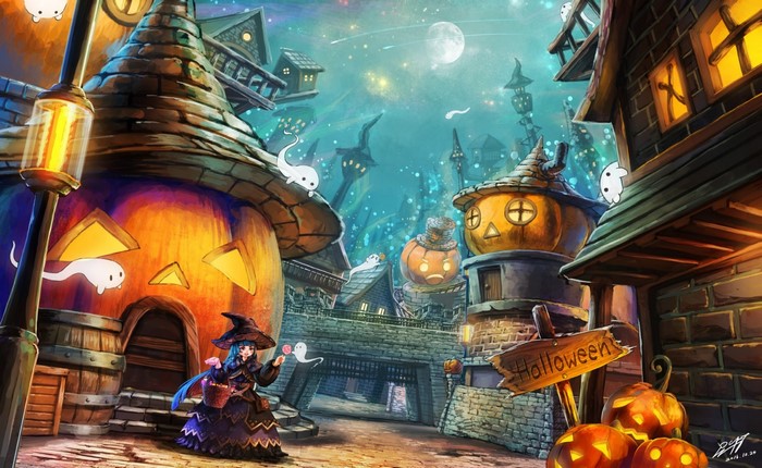 Halloween town with witch and pumpkins