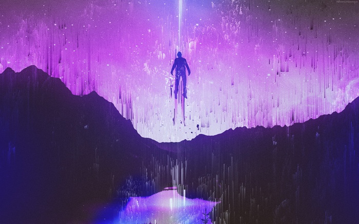 Human ascending into cosmic purple sky 4K