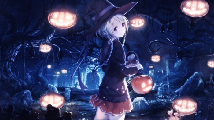 Anime witch girl with pumpkins and bats on Halloween