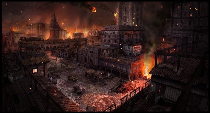 Hunted The Demons Forge city burning at night