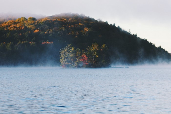 Misty lake with island and autumn forest