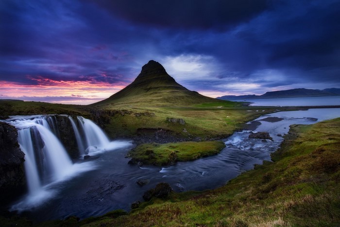 Kirkjufell mountain and waterfall at sunset, Iceland