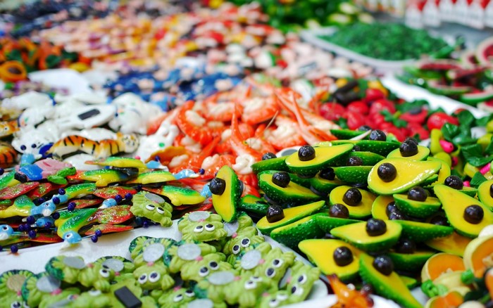Colorful assorted food-shaped accessories and candies