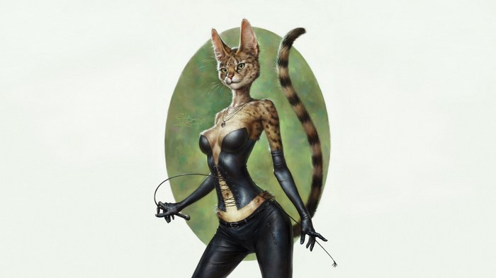 Anthropomorphic cat woman with whip