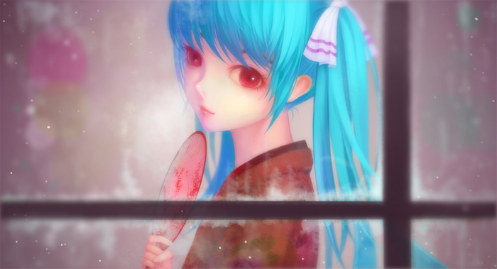 Mystical Hatsune Miku with Red Eyes and Blue Hair