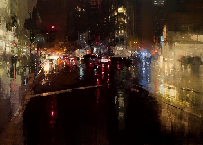 Jeremy Mann cityscape painting of a wet city street at night