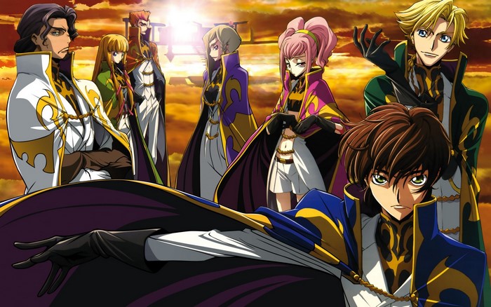 Code Geass characters in front of a sunset