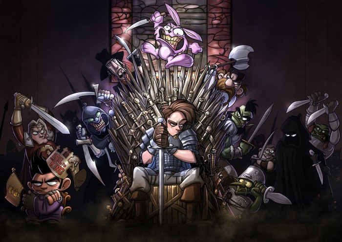 Cartoon characters on the Iron Throne