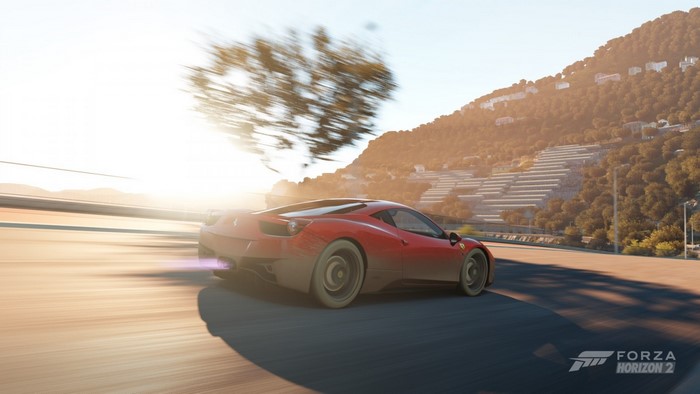 Red Ferrari 458 Italia driving on a road in Forza Horizon 2