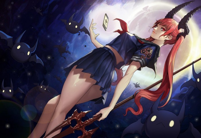 Anime girl with horns and bats in the night sky