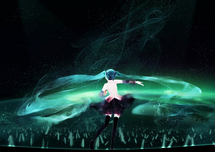 Hatsune Miku performing on a stage with green lights