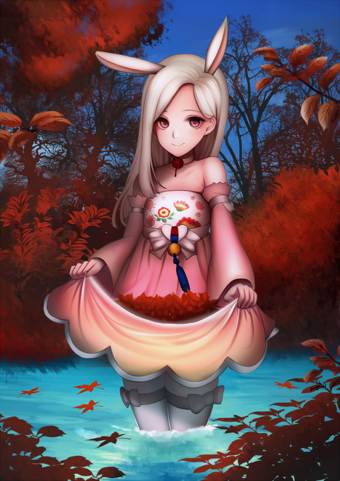 Anime girl with bunny ears in a pink dress holding leaves