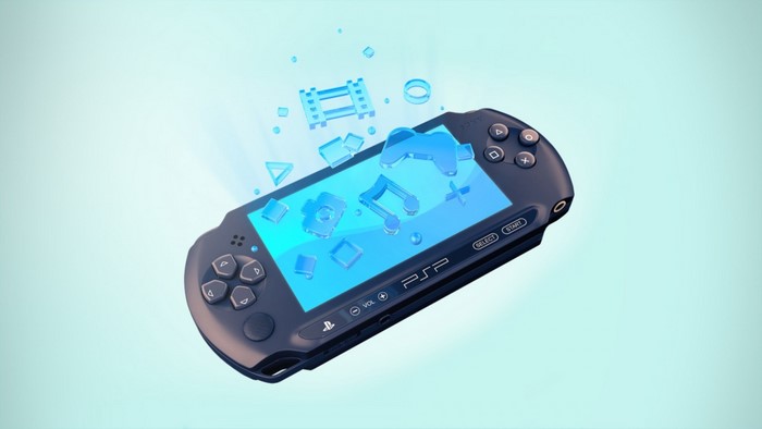 Sony PSP with floating multimedia icons