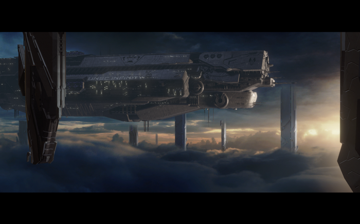 UNSC Infinity from Halo 4 in the clouds