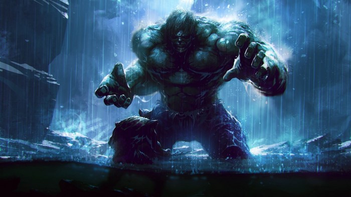 Hulk in a dark, rainy environment