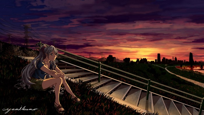 Anime girl sitting on stairs overlooking a sunset cityscape