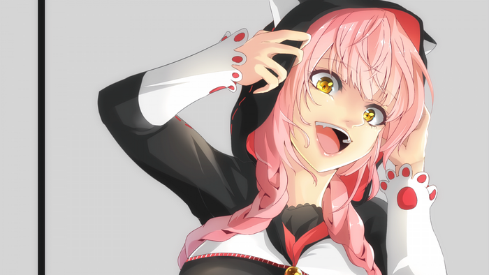 Anime girl with pink hair wearing a hooded outfit