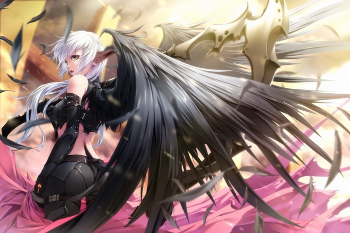 Anime girl with black wings and white hair