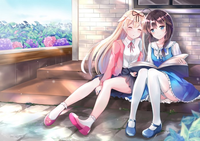 Two anime girls reading a book on steps