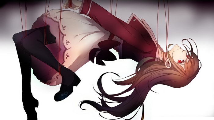 Anime girl with red eyes hanging by strings