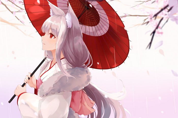 Anime girl with fox ears holding a Japanese umbrella