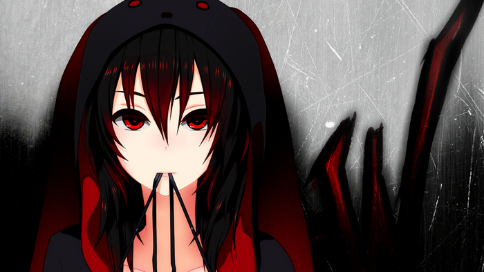Anime girl with black and red hair and wings