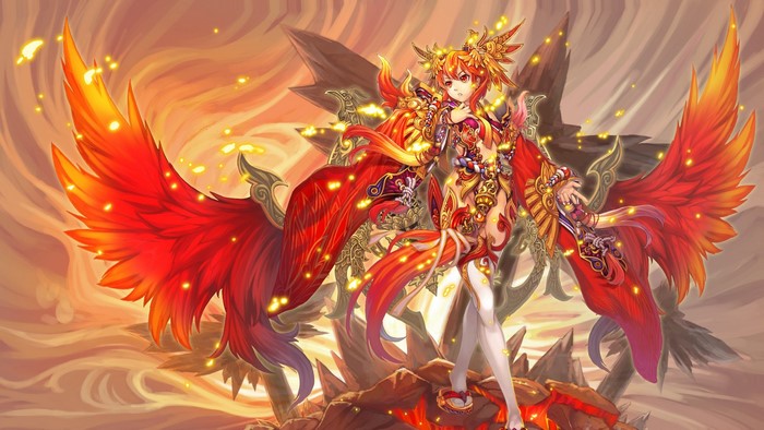 Anime girl with phoenix wings and fiery attire