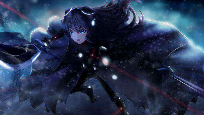 Anime girl with swords in a snowy battle