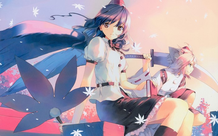 Two anime girls with swords and scythes