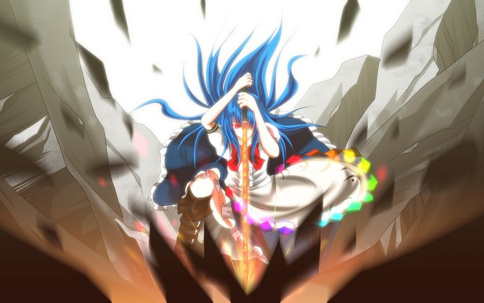 Anime girl with blue hair and sword