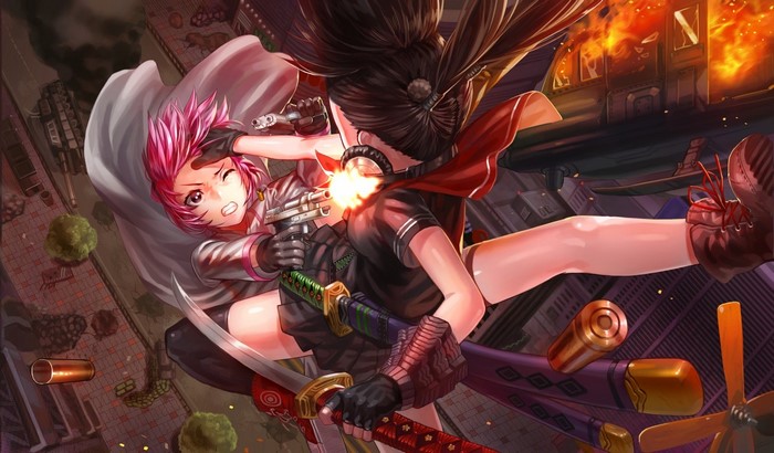 Anime girls fighting with guns and swords in a burning city